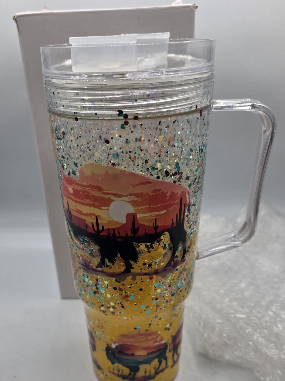 Glitter Desert Sunset Double-Wall Travel Mug - Clear Handle, Yellow Accent